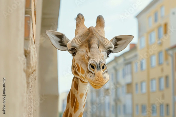 Fototapeta A giraffe's head peeking around a building corner in an urban setting, with a clear view of city architecture in the background.