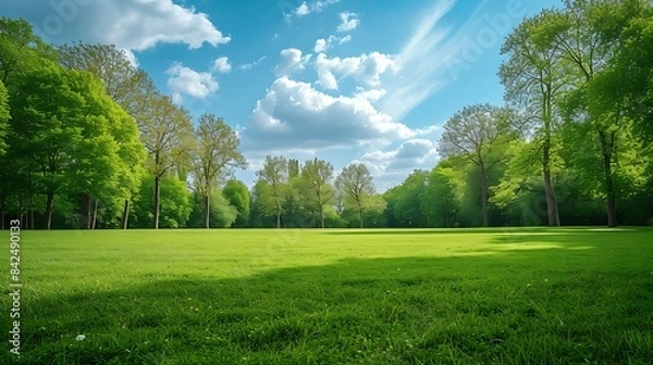 Fototapeta Vibrant spring nature backdrop with a pristine, neatly trimmed lawn and lush trees under a clear blue sky adorned with soft clouds on a sunny day