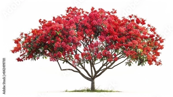 Fototapeta Tree isolated on white backgroundFlame tree or Royal Poinciana tree with clipping paths for garden designTropical species found in AsiaThe plants are blooming with beautiful red flower : Generative AI