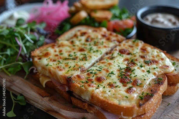 Fototapeta Croque Monsieur A Croque Monsieur sandwich with melted cheese and ham, topped with a golden bechamel sauce. Served with a side of mixed greens.