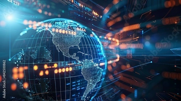 Fototapeta Digital world globe representing global network and connectivity on Earth, featuring high-speed data transfer, cyber technology, information exchange, and international telecommunications.