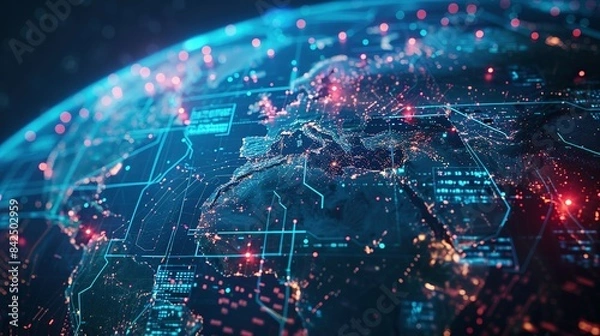 Fototapeta Digital world globe representing global network and connectivity on Earth, featuring high-speed data transfer, cyber technology, information exchange, and international telecommunications.