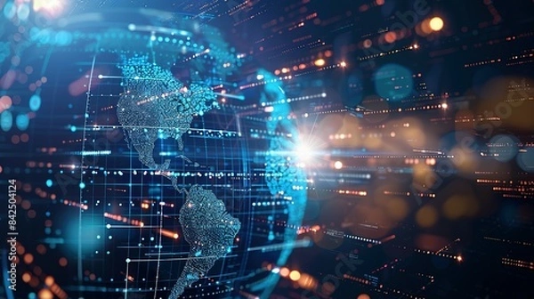 Fototapeta Digital world globe representing global network and connectivity on Earth, featuring high-speed data transfer, cyber technology, information exchange, and international telecommunications.