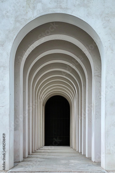 Fototapeta A plain door framed by a series of minimalist arches, each arch slightly larger than the one before, creating a sense of depth and perspective. The background remains solid and neutral