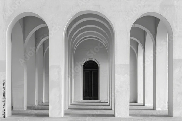 Obraz A plain door framed by a series of minimalist arches, each arch slightly larger than the one before, creating a sense of depth and perspective. The background remains solid and neutral