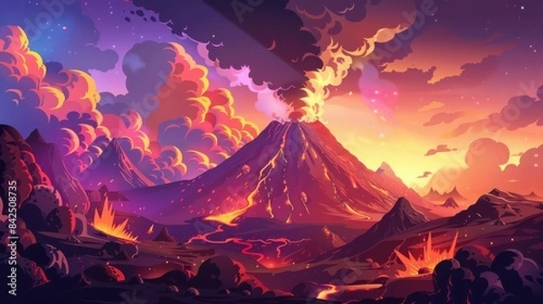 Fototapeta Volcanic Eruption at Sunset with Lava Flow and Fiery Sky in Cartoon Style Landscape for Poster or Print Design
