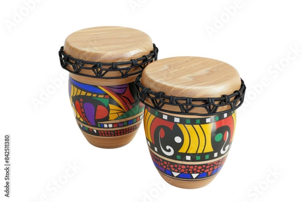 Fototapeta Two Colorful Wooden Drums With A Black String Around Them, Musical Instrument, Clipart, Illustration, Isolated On Transparent Background.