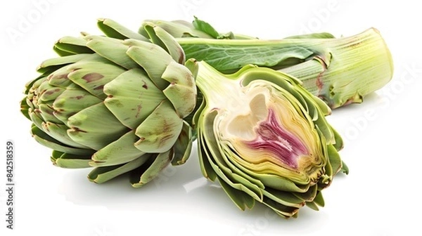 Fototapeta Fresh green artichokes, whole and halved. Close-up on white background. Ideal for healthy food, cooking, and lifestyle images. AI