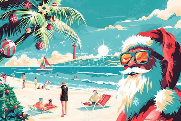 Obraz illustration of Christmas in July with Santa in sunglasses, Christmas tree, a beach scene featuring palm tree and beachgoers enjoying holiday activities