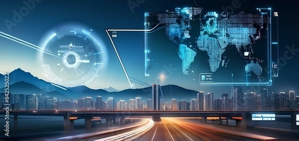 Obraz Innovation technology digital future of logistics freight transportation import export concept, Manager using tablet control online tracking cargo delivery distribution on city world map background