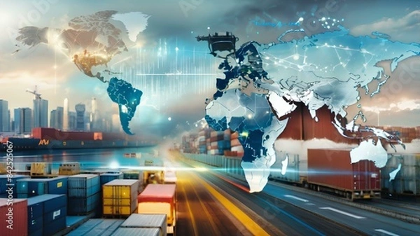 Fototapeta Innovation technology digital future of logistics freight transportation import export concept, Manager using tablet control online tracking cargo delivery distribution on city world map background