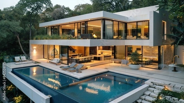 Fototapeta A large white house with a pool and a large glass window