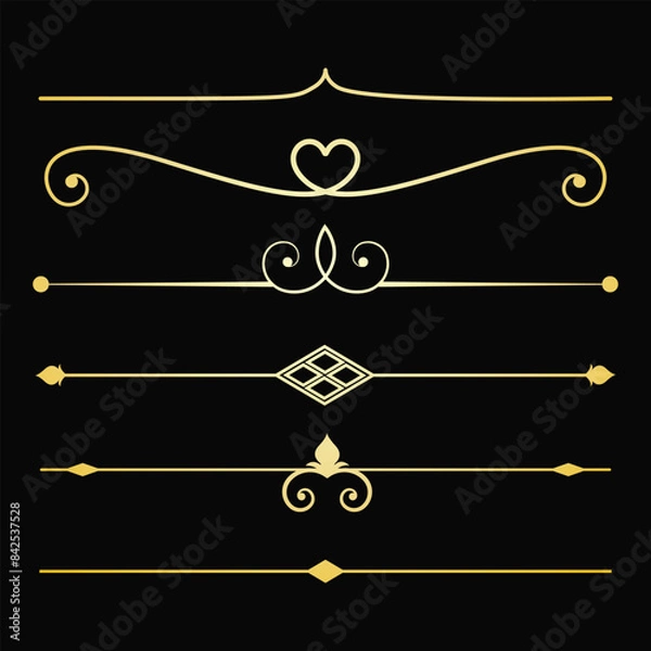 Fototapeta Text devider set, gold line minimal separators, elegant doodlle borders, decorative elements, decorative lines. (D)