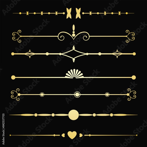 Fototapeta Text devider set, gold line minimal separators, elegant doodlle borders, decorative elements, decorative lines. (A)