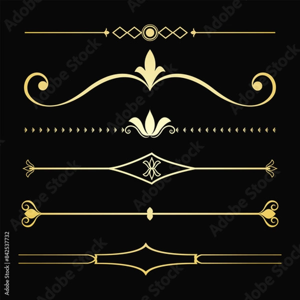Fototapeta Text devider set, gold line minimal separators, elegant doodlle borders, decorative elements, decorative lines.