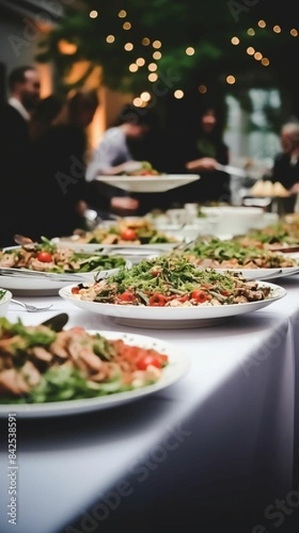 Fototapeta Catering a group of people at a resort, on a cruise, a wedding buffet. Buffet food indoor in the restaurant meat colorful fruits and vegetables
