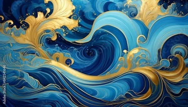 Fototapeta Stunning Abstract Art Featuring Blue and Gold Swirls Mimicking an Ocean Scene