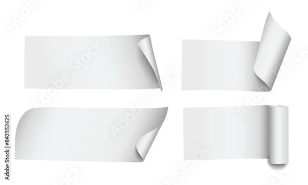 Obraz Realistic rectangle paper notes with curled corners and rolled edges isolated on transparent background