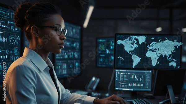 Fototapeta A focused businessman types away on his laptopsurrounded by papers in a bustling office driven by ambition and determination.
