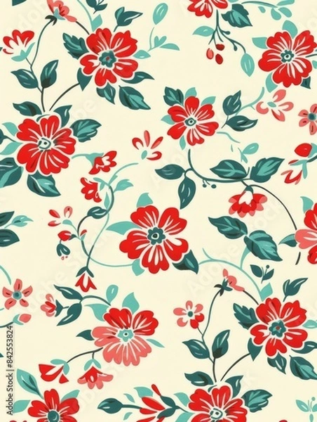 Fototapeta A bright and colorful floral pattern featuring red flowers and green leaves on a pastel background, suitable for fabric and decoration