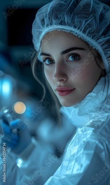 Fototapeta Researchers working in the clinical laboratory,extreme close up of a womans face, a photo of A woman in a white coat, hair net and mask is working on lab equipment while holding up an electronic devic