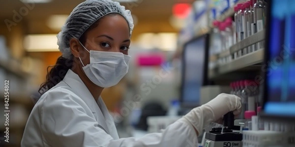 Fototapeta Researchers working in the clinical laboratory,extreme close up of a womans face, a photo of A woman in a white coat, hair net and mask is working on lab equipment while holding up an electronic devic