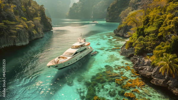 Fototapeta Luxury yacht anchored in a pristine turquoise lagoon surrounded by green cliffs and crystal-clear water.