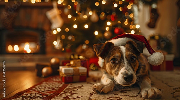 Fototapeta dog in christmas hat - A puppy wearing a Santa hat lying on a carpet with a Christmas tree and decorations in the background.