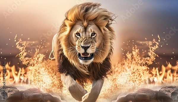 Fototapeta A powerful lion roaring fiercely with flames blazing in the background. The intense expression and dynamic setting convey strength and dominance, perfect for themes of wildlife and raw power.

