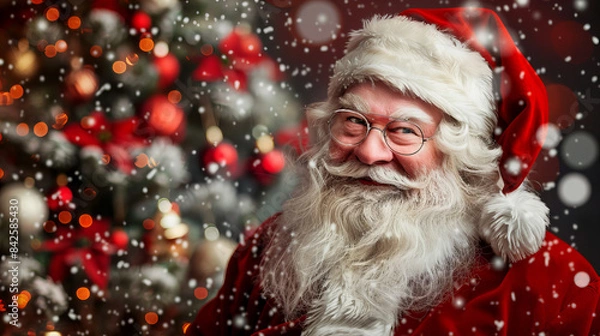 Fototapeta Santa Claus with Snowflakes - Santa Claus smiling in front of a Christmas tree with snowflakes falling.