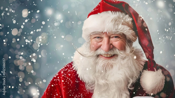 Fototapeta Santa Claus in Snowfall - Santa Claus smiling with snow falling around him.