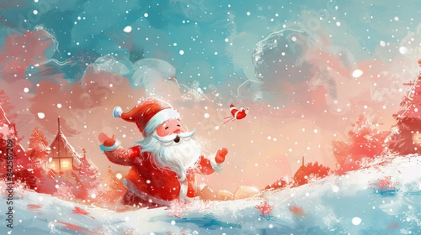 Fototapeta Joyful Santa Claus in Snow - Santa Claus spreading joy in a snowy landscape with trees and a festive sky, capturing holiday magic.
