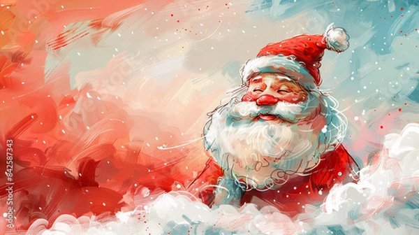 Fototapeta Santa Claus in the Clouds for Christmas Cards - Santa Claus with a cheerful expression surrounded by clouds and festive colors, perfect for Christmas cards.