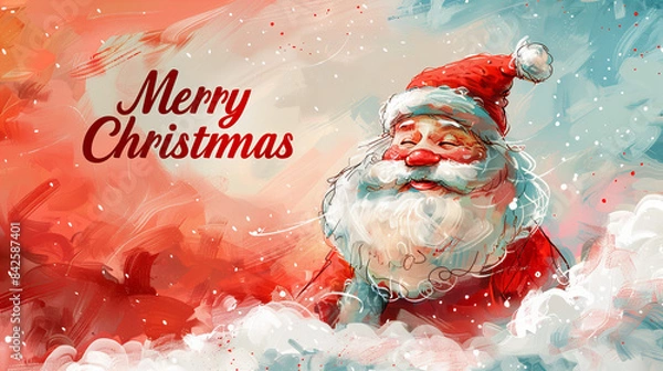 Fototapeta Santa Claus with Merry Christmas Text for Cards - Santa Claus joyfully greeting with "Merry Christmas" text, set against a snowy sky, ideal for Christmas cards.