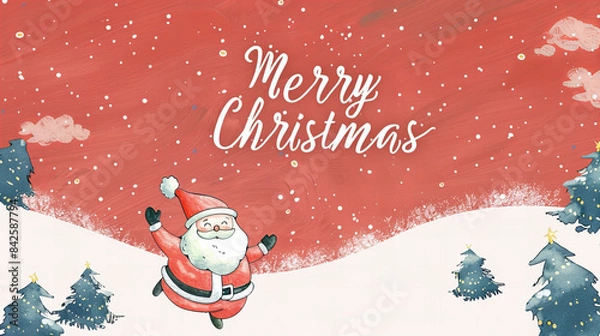 Fototapeta Santa Claus in a Festive Winter Scene for Cards - Santa Claus with "Merry Christmas" text in a festive winter scene, perfect for Christmas cards.