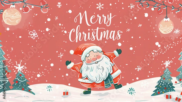 Fototapeta Santa Claus with Merry Christmas Text in Snow for Cards - Santa Claus with "Merry Christmas" text in a snowy landscape, ideal for creating festive Christmas cards.