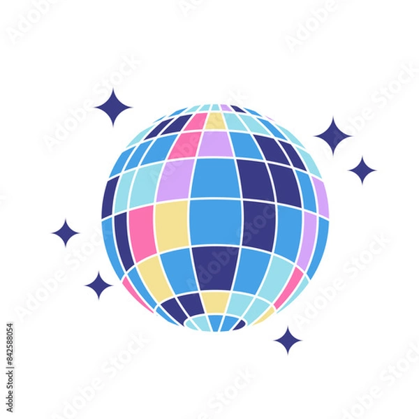 Fototapeta 90s mirror ball. Bright multicolour hand drawn object. Vector illustration in trendy flat style