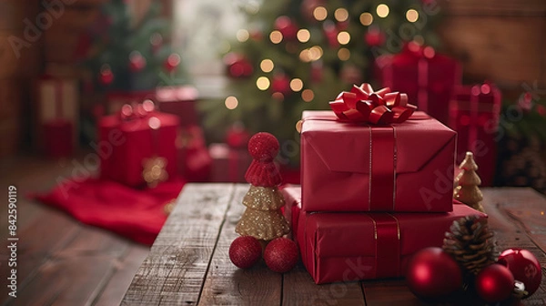 Fototapeta Christmas Gifts with Pine Cones - Christmas gifts adorned with ribbons and pine cones sit on a wooden surface, with a festive background of a decorated Christmas tree and holiday decorations.
