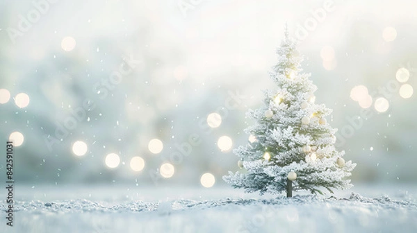 Fototapeta Christmas Tree in Snowy Field -  A beautifully decorated Christmas tree standing in a snowy field, capturing the essence of winter holidays.