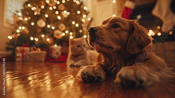 Fototapeta Puppy and Kitten at Christmas - A puppy and a kitten on the floor beside a Christmas tree.