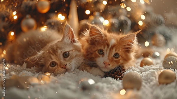 Fototapeta Kitten and Puppy by Christmas Tree - A kitten and puppy lying on a white rug with Christmas decorations and twinkling lights around them.