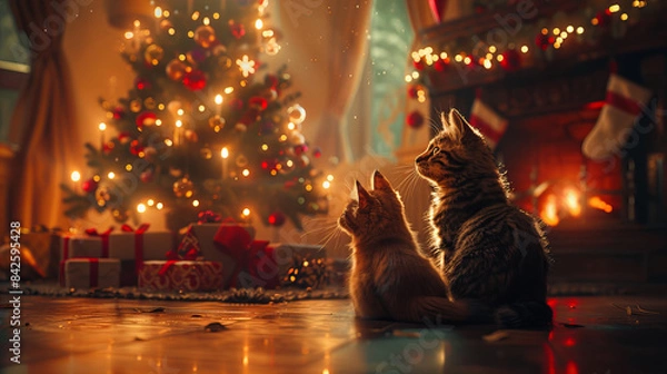 Fototapeta Cats Watching Christmas Tree - Two cats sitting and watching the Christmas tree lights with a festive background and a cozy fireplace.