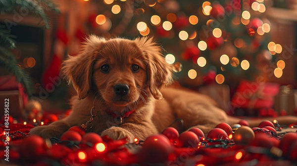 Fototapeta Puppy with Christmas Ornaments - A cute puppy lying on a red blanket surrounded by Christmas ornaments and twinkling lights.