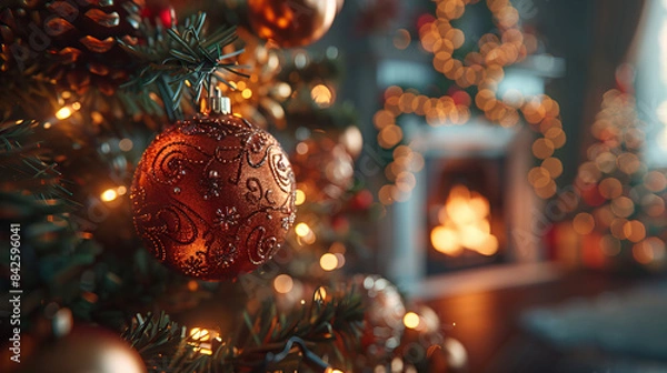 Fototapeta Christmas Tree Ornament - A red ornament on a Christmas tree with a warm fireplace in the background.