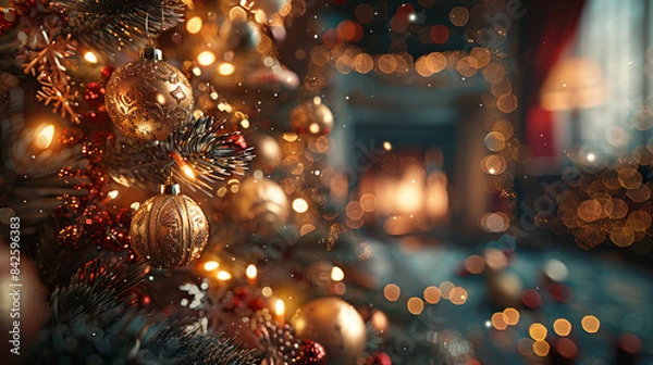 Fototapeta Christmas Tree Decorations - A Christmas tree decorated with sparkling lights and golden ornaments, creating a warm festive atmosphere.