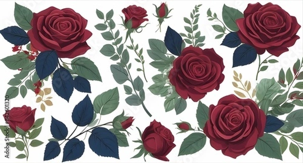 Fototapeta A bouquet of roses and green leaves. The arrangement is colorful and vibrant, giving off a cheerful and lively mood