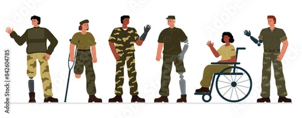 Fototapeta A collection of different disabled people in military uniforms, soldiers with prosthetics, a woman on a wheelchair, a veteran without a leg on crutches.
