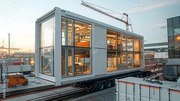 Fototapeta The modular house is transported by trailer. Modern approaches to designing and building housing