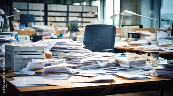 Fototapeta An office desk covered in piles of paperwork. An absent employee at the workplace.