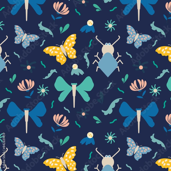 Obraz Seamless Insect Pattern with Butterflies, Dragonflies, and Ants - Vector Background
